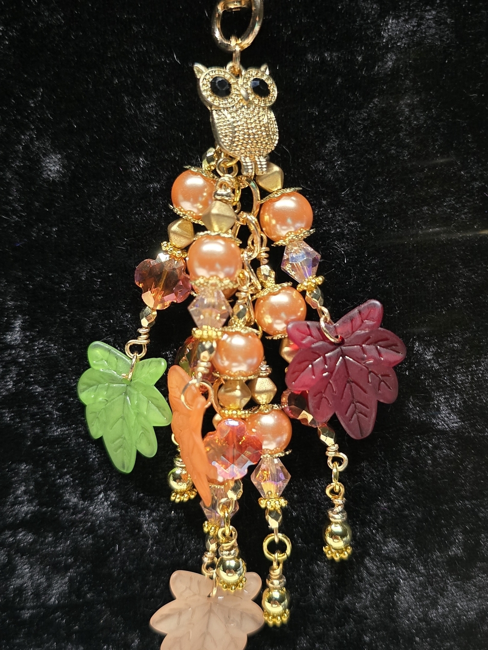 Gold-Tone Autumn Leaf Charm Necklace with Orange and Multicolor Beads
